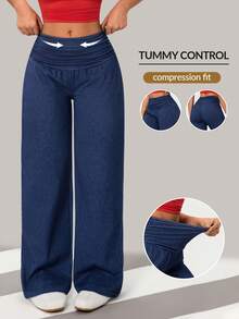 Flexra Women's Stretchy Ruched Loose Straight Leg Jeans, Blue - Medium Wash - View 1