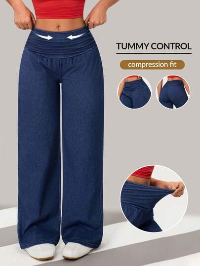 Flexra Women's Stretchy Ruched Loose Straight Leg Jeans, Blue