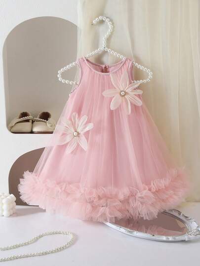 Cute Baby Girl High-End Simple Elegant Pink A-Line Sleeveless Dress With 3D Floral Design, Perfect For Spring And Summer. Suitable For Everyday Wear, Home, Vacations, Parties, And More.
