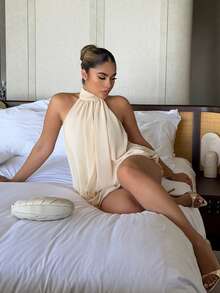 Maria Perezxox 女士优雅浅黄色挂脖系带迷你连衣裙 - 米色 - 查看 5