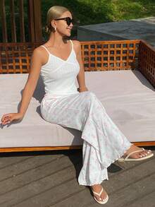 DAZY 两件套女士提花针织吊带背心和宽松碎花睡裤睡衣套装 - 白色 - 查看 1