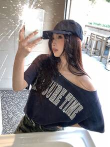 DAZY Women's Oblique Shoulder English Letter Print Short Sleeve T-Shirt - Blue - View 5