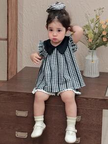 DAZY Áo kiểu không tay cổ bẻ kẻ caro dáng bồng cho bé gái, phong cách Hàn Quốc, thích hợp cho mùa xuân/hè. - màu đen - Xem 8