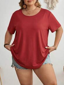 SHEIN CURVE+ Áo thun tay ngắn cổ tròn màu trơn cỡ lớn, kiểu dáng thường ngày, đa năng. - Gỗ đỏ - Xem 7