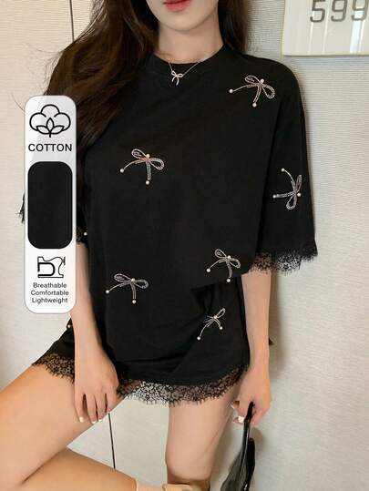 DAZY Women's Summer Round Neck Rhinestone Bow Lace Patchwork Short Sleeve T-Shirt Cute Tops