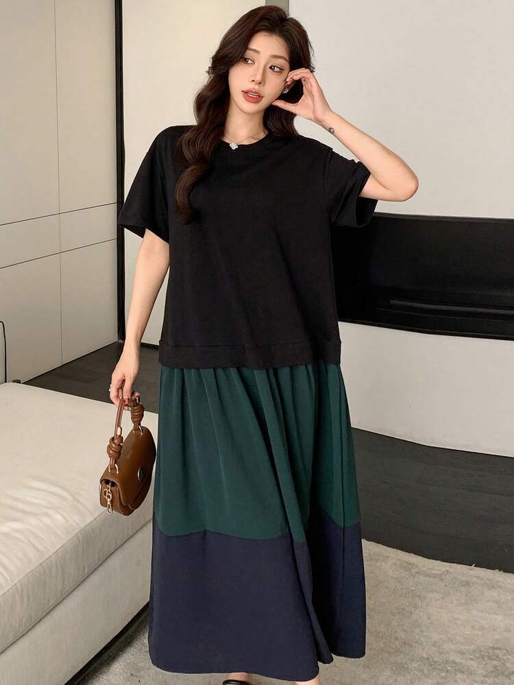 Women's Loose Patchwork Mid-Length Round Neck Dress, Spring/Summer