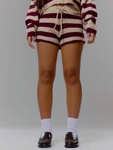 MUSERA Stripe Stretch Knit Tie Waist Shorts Spring, Girly, Day Outfits, Cute, Casual Sweet Pea - Multicolor - View 2