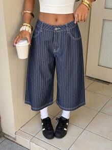 StreetHx 时尚休闲街头风条纹低腰阔腿七分牛仔裤 - 中等水洗藍 - 查看 4