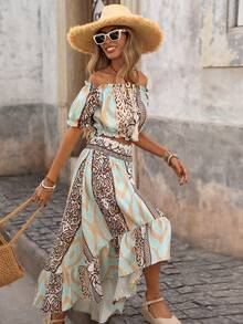 Brillora Women's Chiffon Printed Shirt & Skirt 2 Pieces Set, Vacation Style, Spring/Summer - Multicolor - View 4