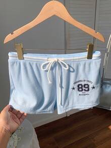 Comfortcana 2026新款春夏时尚女式数字刺绣条纹抽绳腰休闲短裤，夏季女式沙滩短裤，适合海滩度假，2000年代风格 - 淺藍色 - 查看 6