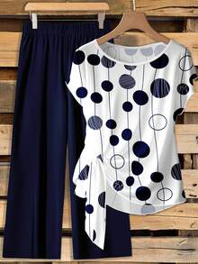 EMERY ROSE Conjunto de 2 piezas casual de blusa con lazo y pantalón de pierna recta para mujer - Multicolor - Ver 5