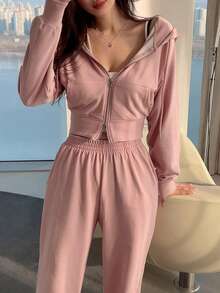 DAZY Solid Zip Up Hooded Sweatshirt & Sweatpants,Women Two Pieces Sets Lounge Sets For Women