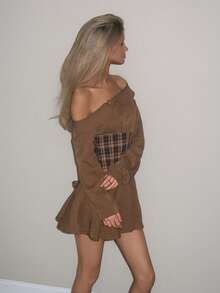 Sydney Algeri French Casual Vintage Brown Plaid Patchwork Sexy Asymmetrical Shoulder Lapel Waist Fitted A-Line Puff Sleeve Spring New Women Short Dress - Brown - View 3
