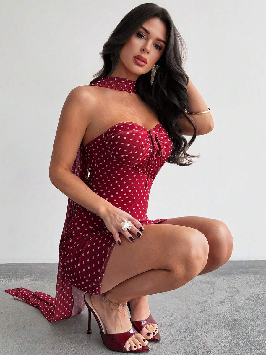 Firerie Women's Elegant, Delicate, Romantic, Sexy Holiday Party Ball Cocktail Valentine's Date Wedding Guest Vacation Hollow Drawstring Ruffle Long Flowy Bodycon Polka Dot Print Red Mini Dress - Red - View 1