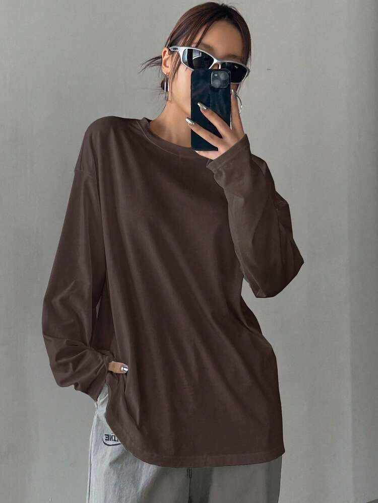1pc Women's Loose Fit Solid Color Round Neck Long Sleeve Long T-Shirt,Fall Clothes Preppy Tops