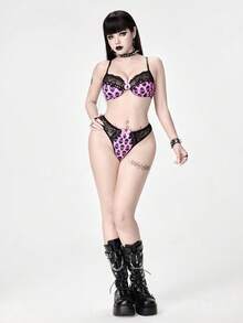 ROMWE Bộ áo ngực và quần lọt khe kiểu Gothic với họa tiết đầu lâu, ren, nơ và có gọng. - Màu tím - Xem 6