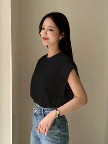 DAZY Áo thun tay cánh dơi trơn, trang phục công sở giản dị cho nữ - màu đen - Xem 4