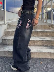 Manfinity EMRG Quần jeans ống rộng dáng suông kiểu vintage, được thêu hoa anh đào tinh tế và đính đinh tán, phong cách thời trang đường phố. - màu đen - Xem 4