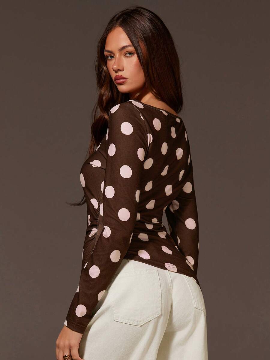 Athîral Women's Polka Dot Pleated Casual Versatile Daily Wear Long Sleeve Top