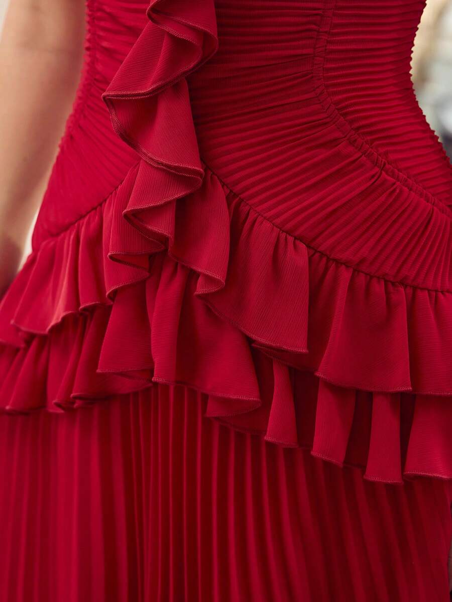 MOTF PREMIUM VESTIDO SIN MANGAS ROMÁNTICO PARA CITA CON VOLANTES EN EL BAJO - Rojo - Ver 2