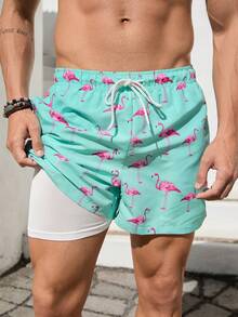 VIVINTIMO Badbyxor för män, dragsko i midjan, säkerhetsfickor, lätta, 4-vägs stretchiga flamingotryck, för semesterresor, avslappnad strand, gröna vävda strandshorts med icke-stretchfoder, hawaiiansk stil - Grön - Visa 3