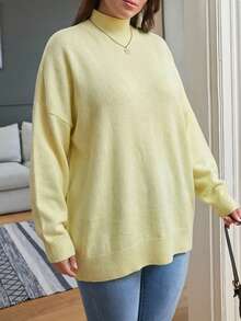 EURMUSE Plus Size Women's Solid Color Turtleneck Casual Versatile Long Sleeve Sweater, Suitable For Autumn/Winter Daily Wear - Yellow - View 3