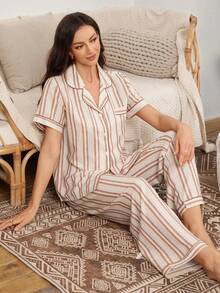 Serenescape Striped Collar Short Sleeve Pajama Set - Multicolor - View 5
