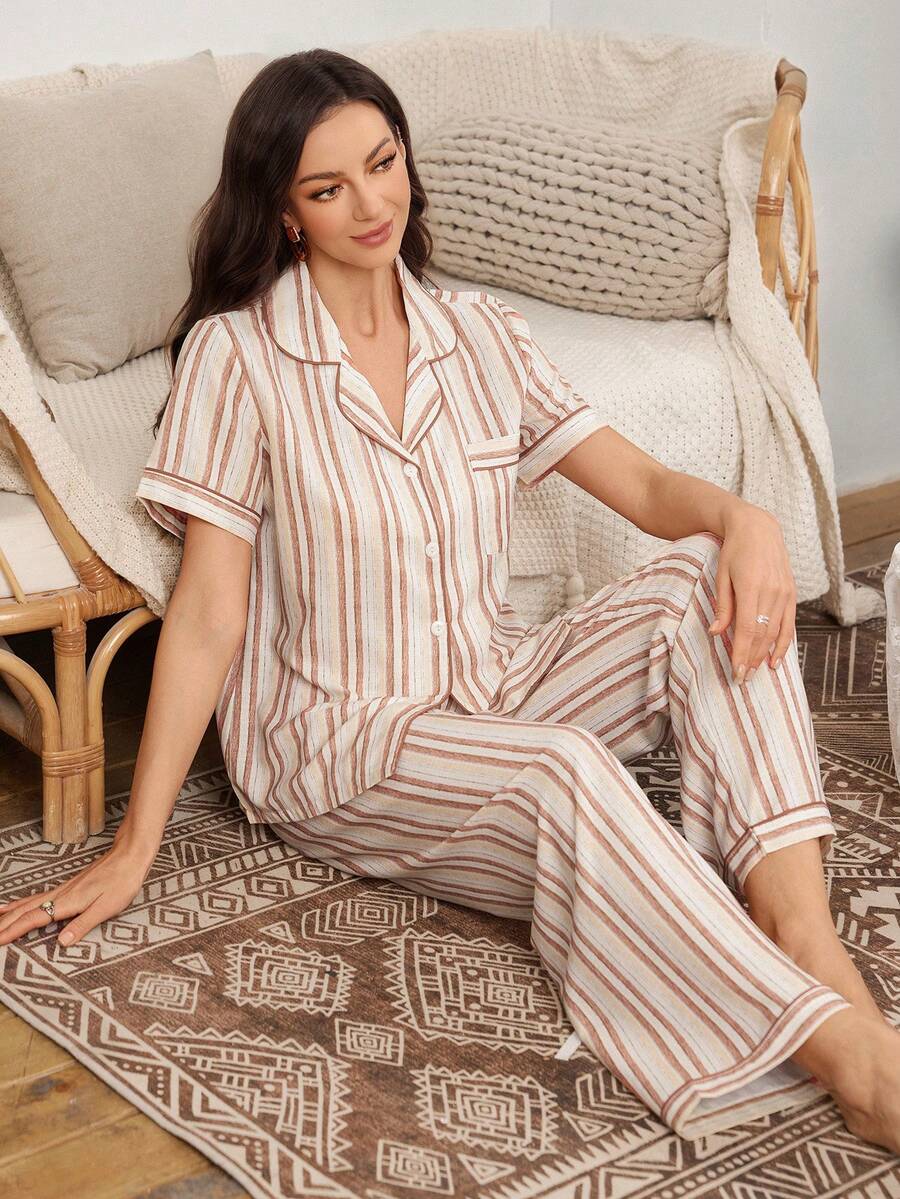 Serenescape Striped Collar Short Sleeve Pajama Set - Multicolor - View 1