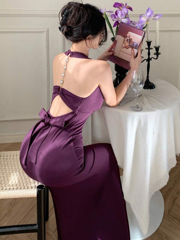 Women's Elegant Solid Color Halter Tie Sleeveless Mid-Length Dress, Summer Wedding Guest Dress Maxi Dress Sundress