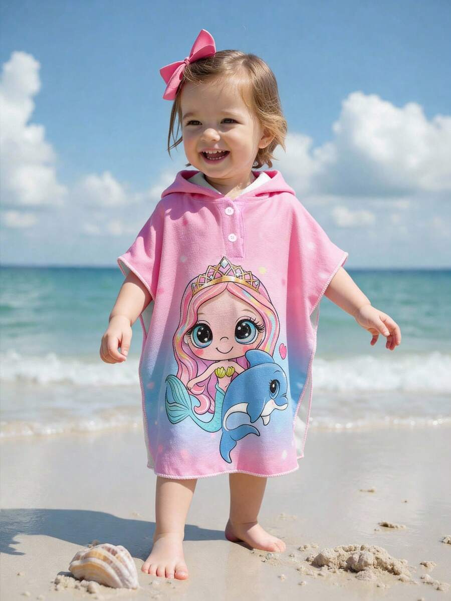 Baby Girls Beachwear Swimsuit & Cover-Up Set, Cute Mermaid Ombre Knit Sleeveless Fashionable Elegant Casual Swimwear Suitable For Swimming, Summer Vacation, Beach, Pool, Holiday Party Toddler Beach Cover Up - Pink - View 1