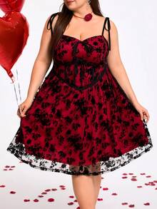 SHEIN CURVE+ CURVE PLUS /Valentine's Day/Plus Size Women's Retro Black Mesh Embroidered Bow Suspender A Swing Short Mini Dress