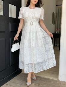 DAZY 优雅高端蕾丝连衣裙，系带收腰刺绣设计，柔美韩式优雅连衣裙，适合婚礼宾客穿着，夏季吊带裙 - 白色 - 查看 6