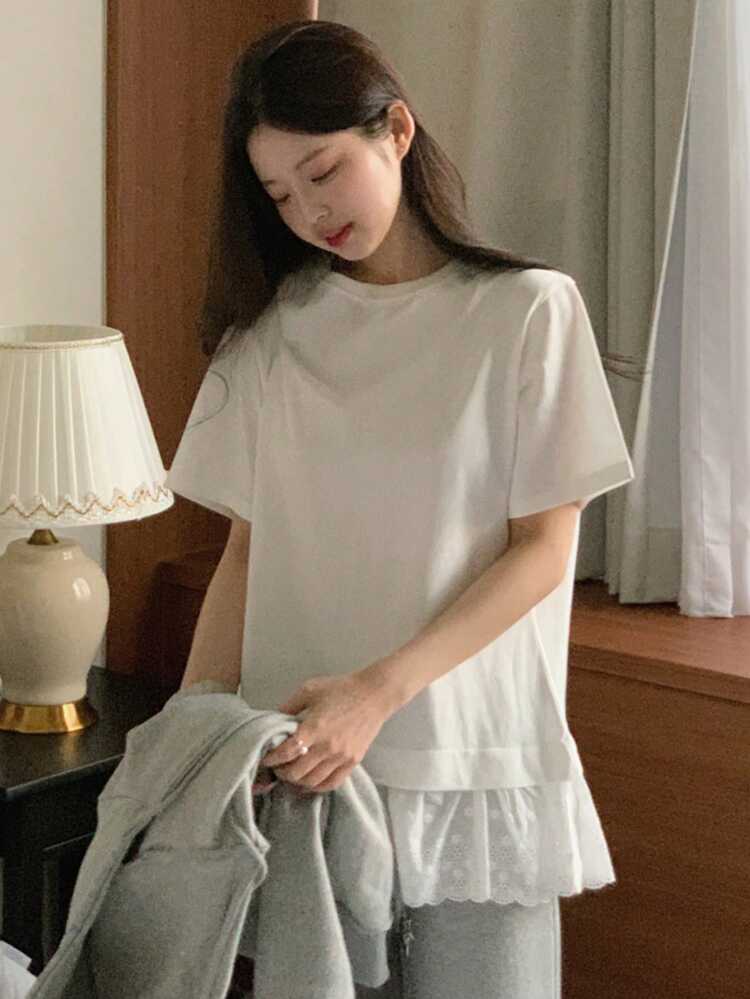 Round Neck Short Sleeve Contrast Lace Casual T-Shirt For Girls
