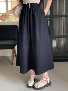 DAZY 女士纯色弹力腰休闲度假中长裙，夏季 - 藏蓝色 - 查看 7