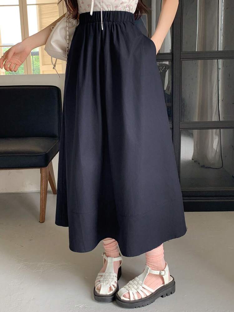 Women's Solid Color Elastic Waist Casual Vacation Midi Skirt, Summer