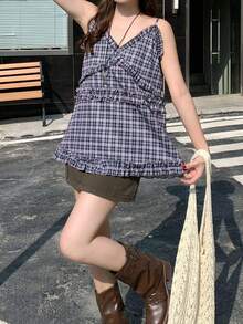 K-Vae Summer New Vintage Plaid Camisole Top For Women, V-Neck Frill Trim Loose Fit Sleeveless Top - Multicolor - View 3