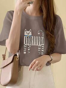 DAZY Women Round Neck Cat Print Short Sleeve White T-Shirt, Spring/Summer,Teacher Outfits Preppy Tops - Dusty Purple - View 4