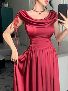 DAZY Đầm dài ngang gối thanh lịch màu trơn dành cho nữ, cổ xếp ly, thắt eo, thích hợp làm đầm dự tiệc cưới mùa hè. - Màu Đỏ Sâu - Xem 4