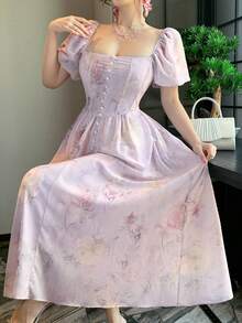 DAZY Đầm maxi mùa hè, lễ Phục Sinh, in họa tiết hoa Pháp, cổ bèo nhún, tay ngắn, thanh lịch dành cho nữ. - Màu tím hoa cà - Xem 6