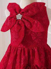 SHEIN Elegant Red Satin Traditional Wedding Dress For Girls,Sleeveless 3D Floral Jacquard Party Frock With Rhinestone Bow And Tiered Ruffle Hem For Toddler - Blue and White - View 8
