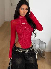 Coolane Women's Spring/Summer Music Festival Party Breathable Mesh Stretchy Bodysuit Jumpsuits,Valentine's Day Bling Top - Red - View 4