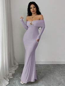 Rafferiza 优雅露肩长袖连衣裙，饰有不对称金属扣，双层领口，鱼尾下摆，纹理针织面料，秋冬款，米色 - 紫色 - 查看 6