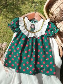 SHEIN Newborn Baby Girl Printed Patchwork White Ruffled Bubble Short Sleeve Dress, Summer New Style - Dark Green - View 4