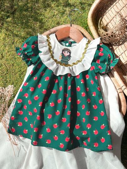 SHEIN 新生女宝宝印花拼接白色荷叶边泡泡袖短袖连衣裙，夏季新款