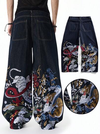Jeans de pierna ancha con bordado de dragón para hombre