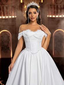 Glamrae Elegant French Romantic Embroidered Off-Shoulder A-Line Formal Dress, Suitable For Wedding, Banquet, And Formal Occasions - White - View 4