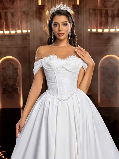 Glamrae Elegant fransk romantisk broderad axlarlös a-linjeformad formell klänning, lämplig för bröllop, bankett och formella tillfällen