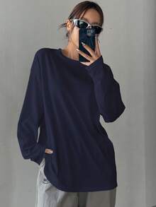 DAZY 纯色圆领宽松长袖女式T恤，长款，秋季衣服 - 藍色 - 查看 5