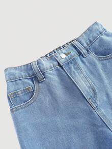 SHEIN 少女时尚休闲 Y2K 复古酷炫街头可爱精致蝴蝶结图案蓝色宽松舒适牛仔裤，适合少女日常穿着，也适合春夏派对、节日和街头服饰。 - 藍色 - 查看 4