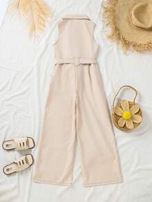 少女休闲日常通勤立领撞色设计无袖系带连体裤 - 卡其色 - 查看 8